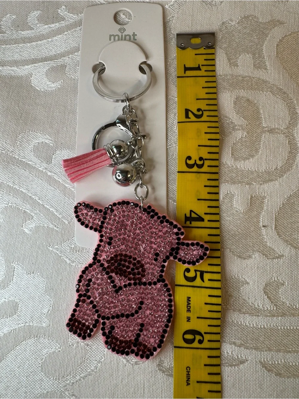 New Mint Pink Crystal Cow Flat Keychain with Tassel